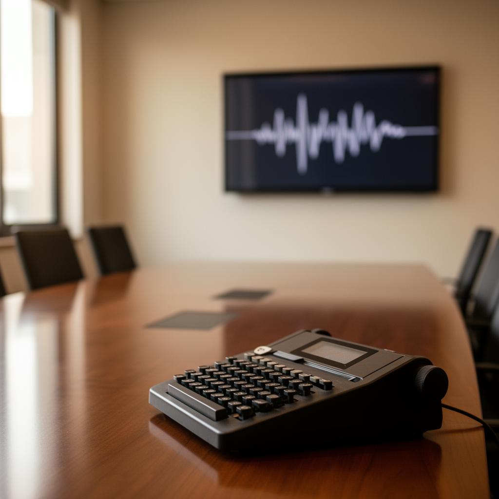 Empty modern deposition conference suite with stenotype machine on a polished wood table and wall-mounted display in the background