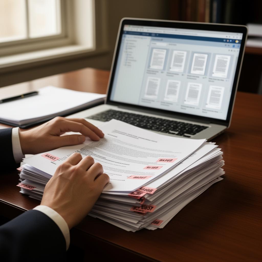 Paralegal organizing bates-stamped exhibits next to a laptop showing a litigation support database with indexed thumbnails