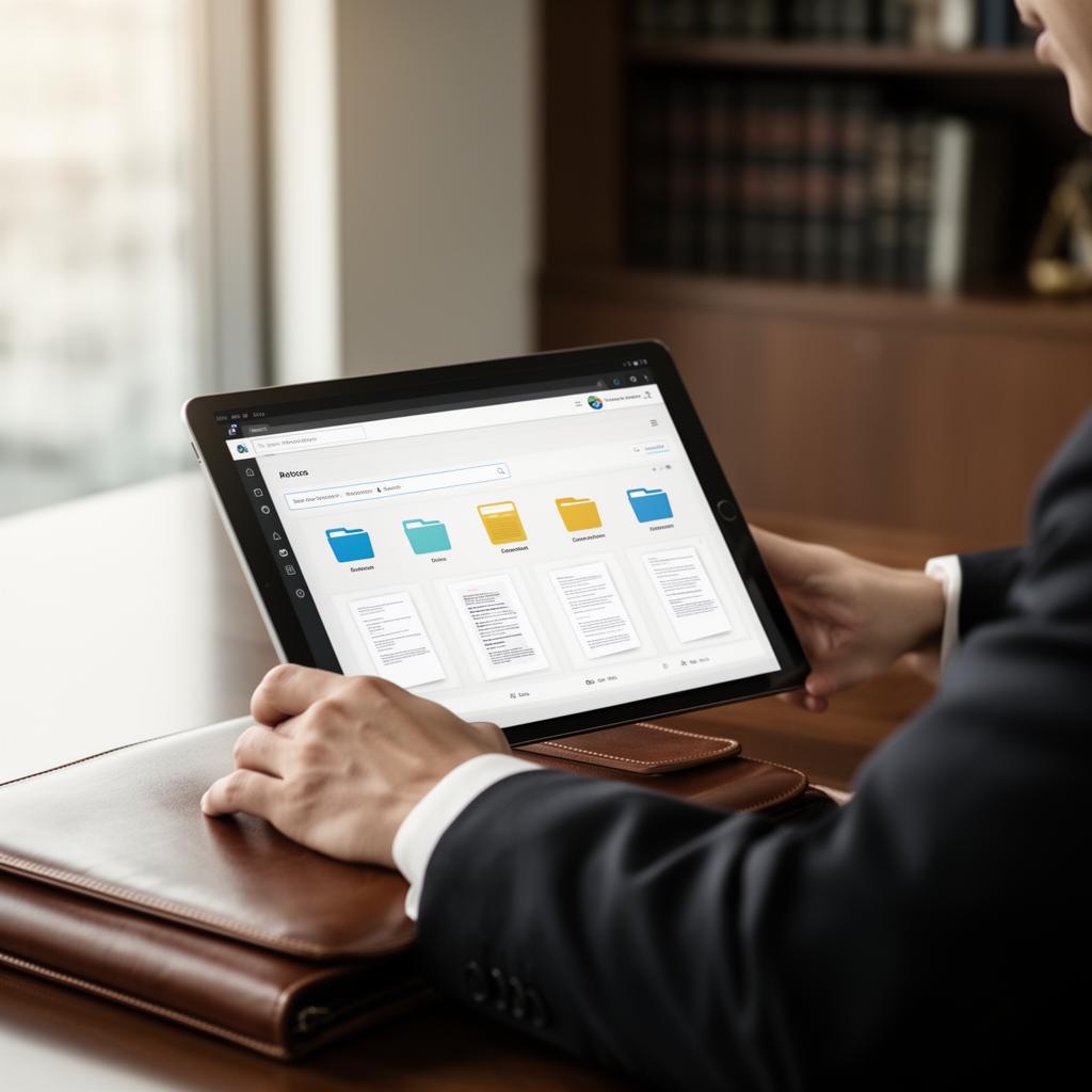 Attorney reviewing transcripts and exhibits in a secure online repository on a tablet