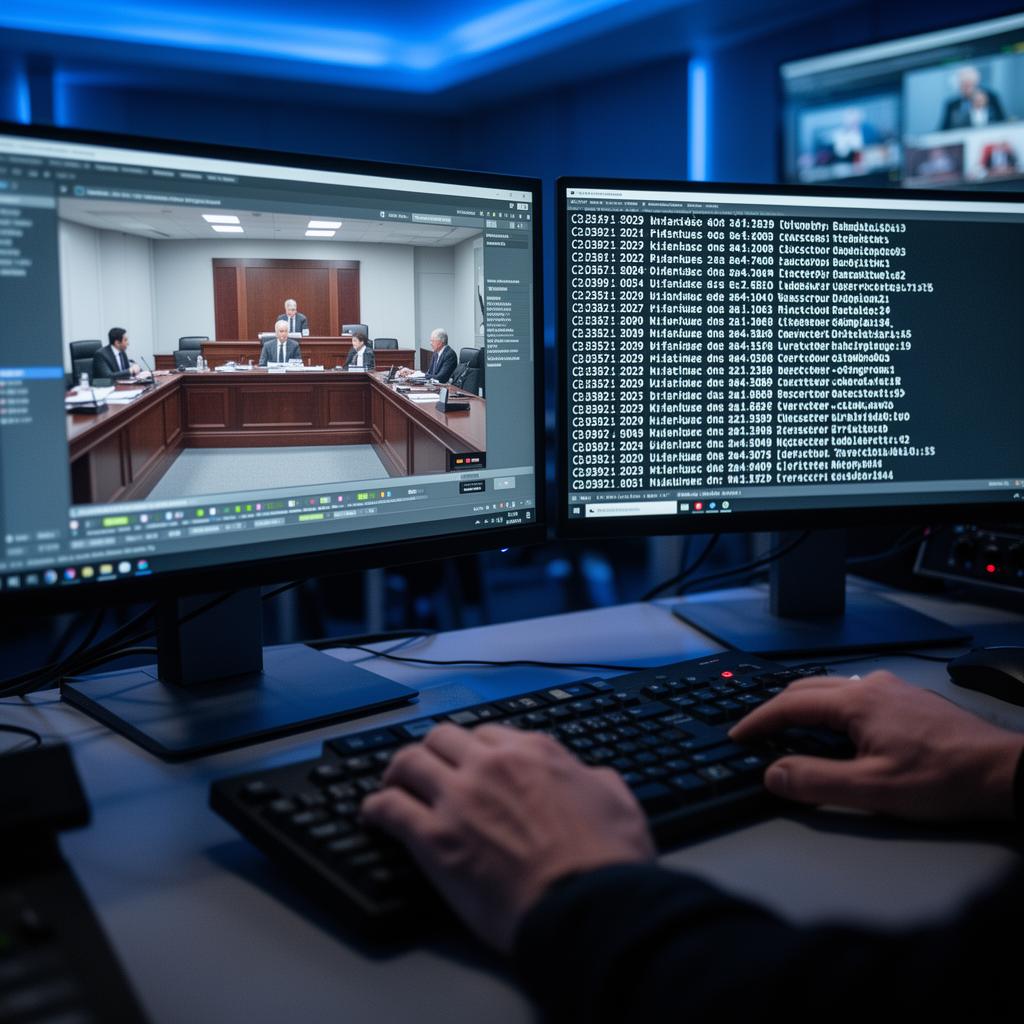 Streaming control desk with live deposition video and scrolling realtime transcript on dual monitors