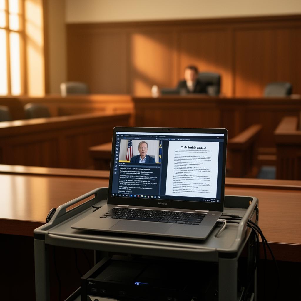 Trial tech cart at counsel table with a laptop running synchronized video deposition and tagged exhibits