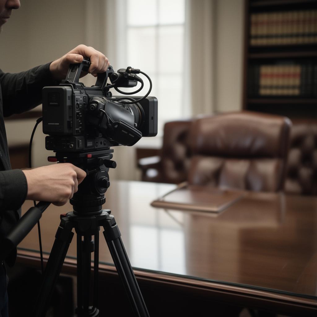 Legal videographer setting up a broadcast camera on a tripod across a deposition conference table