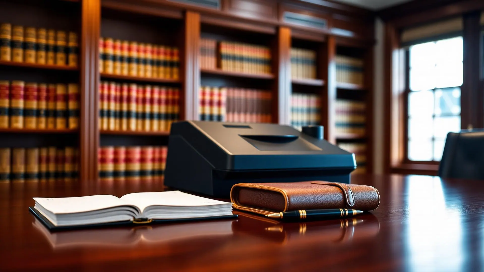 Stenotype machine on a polished conference table inside a law library