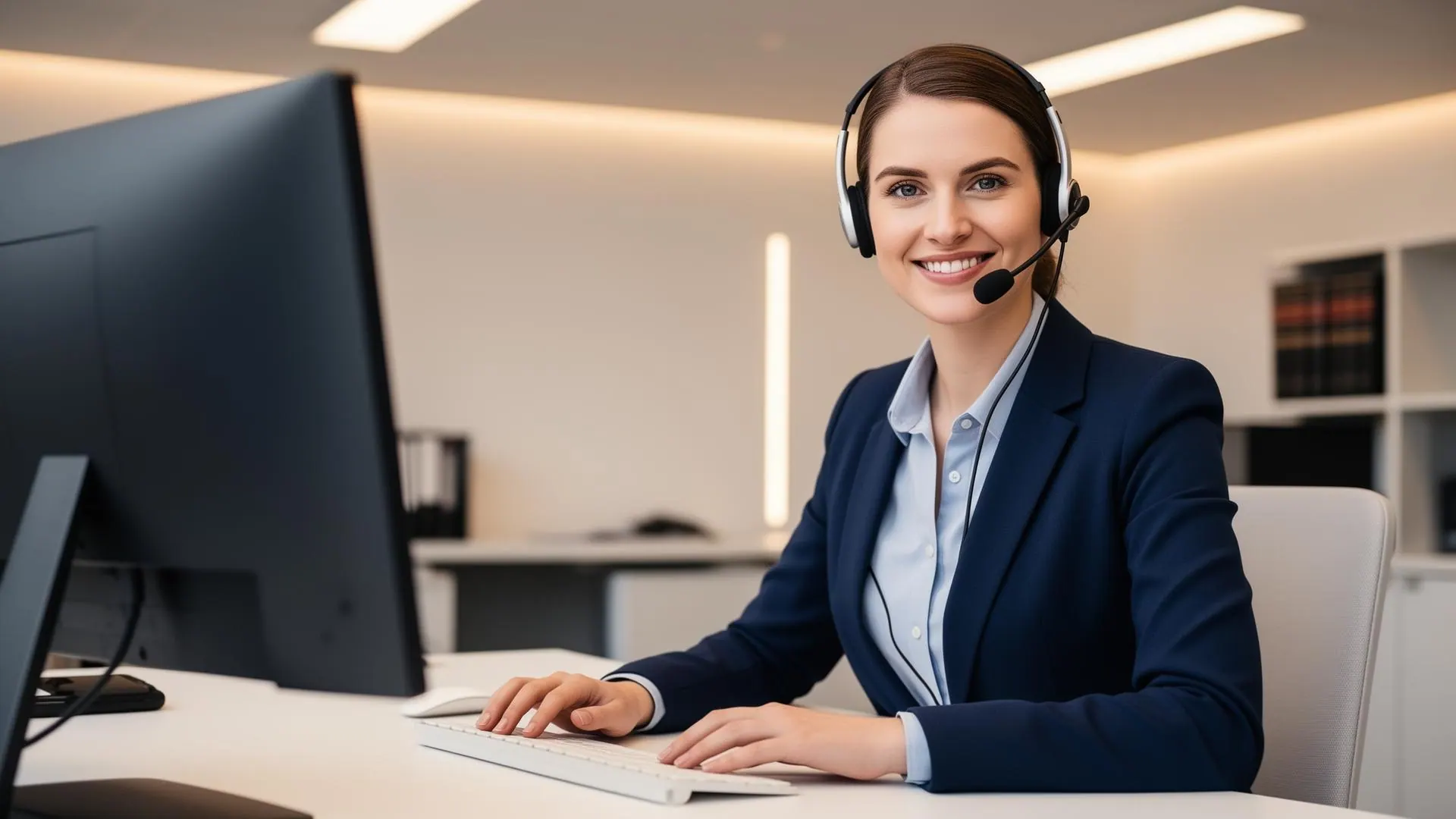 Smiling client services representative wearing a headset at a clean modern desk in a legal office
