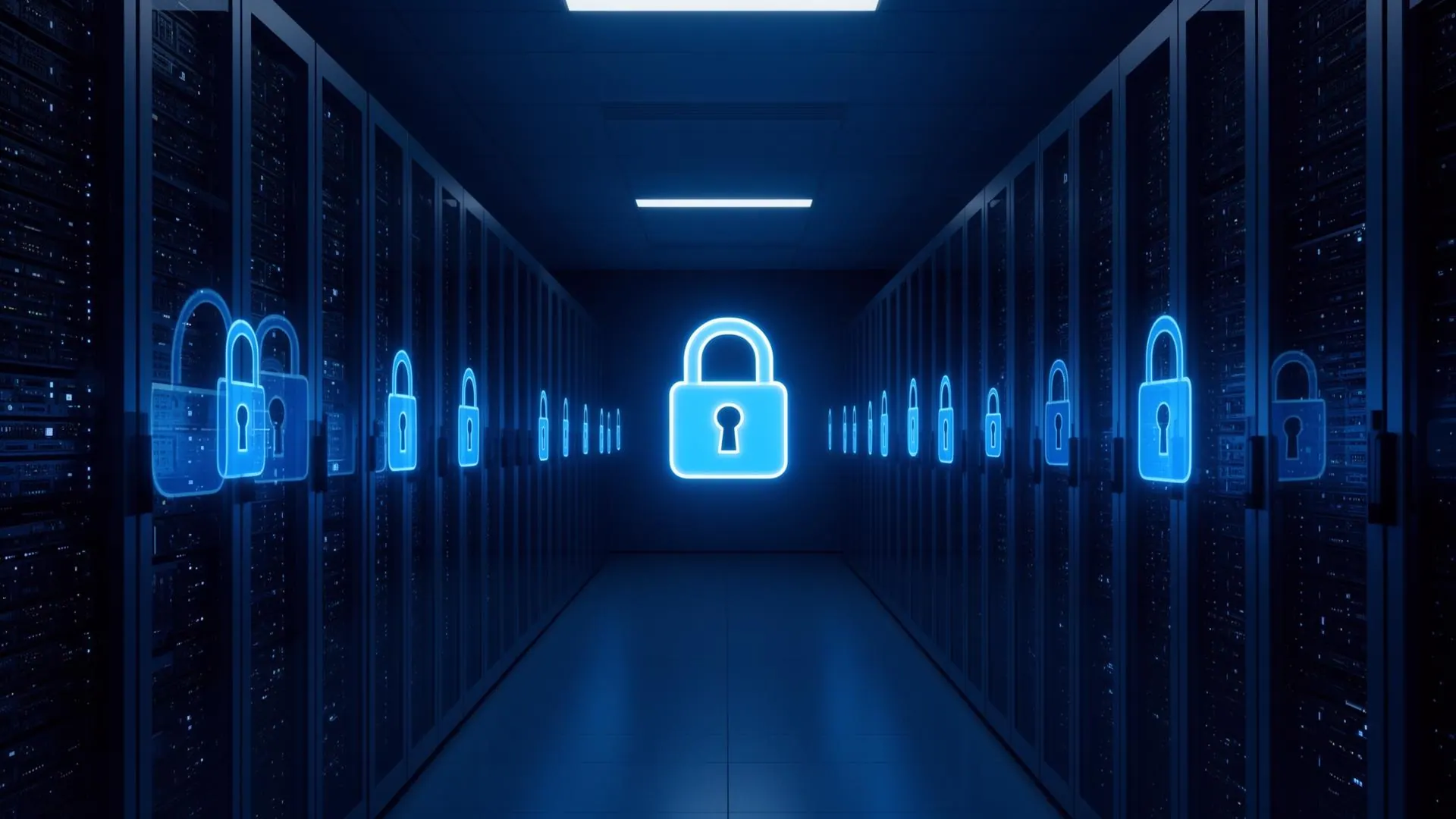 Secure data center server racks with glowing blue lock icons representing encrypted document storage