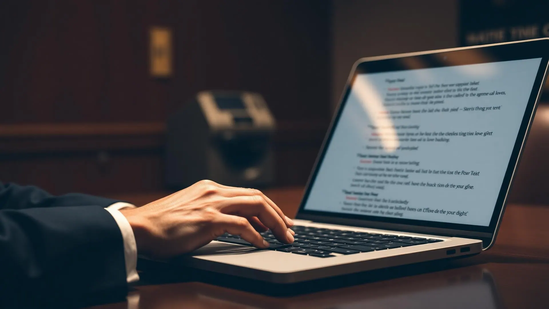 Attorney typing on a laptop showing a realtime deposition transcript