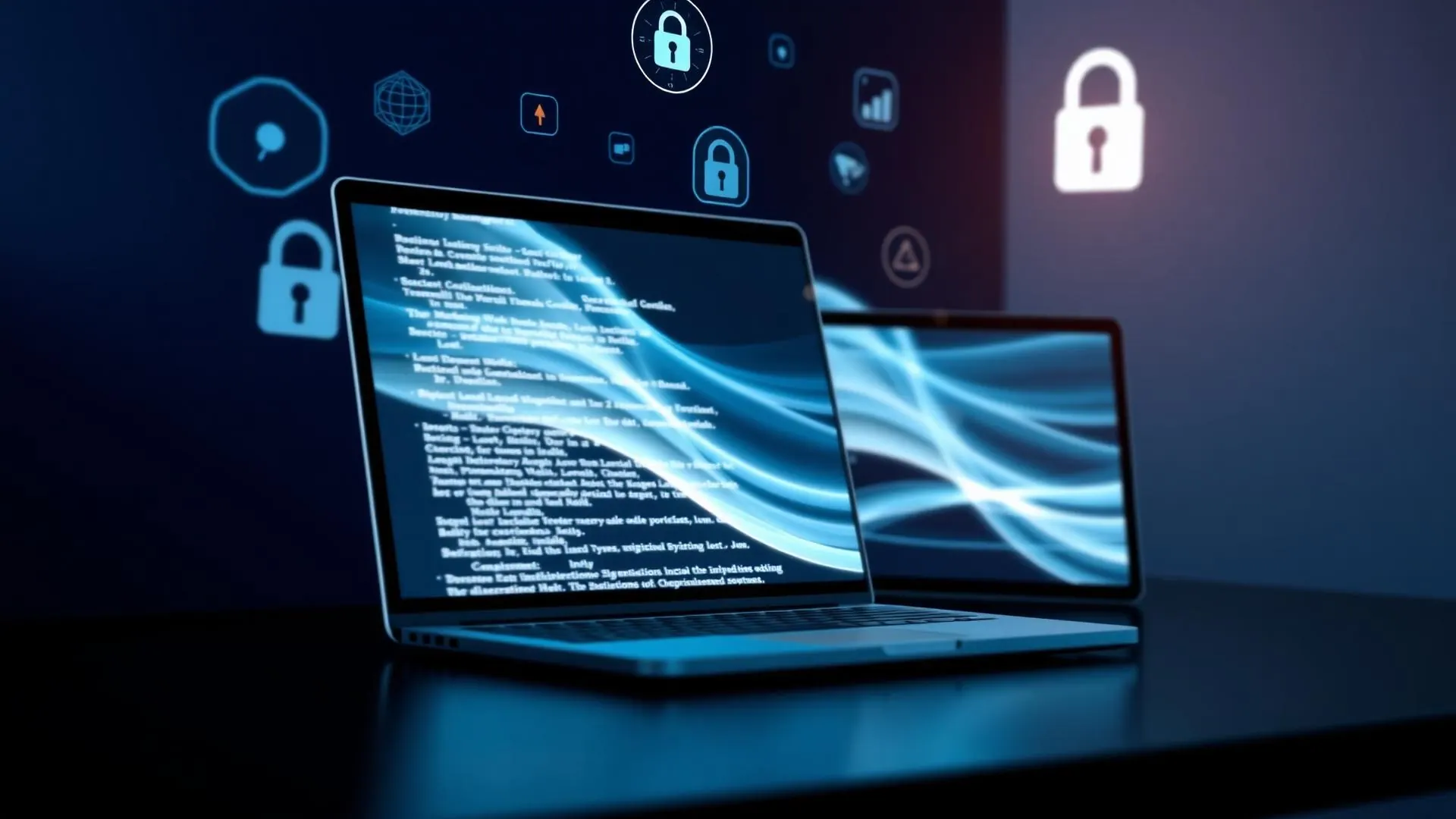 Two laptops streaming real-time encrypted transcript text with security icons
