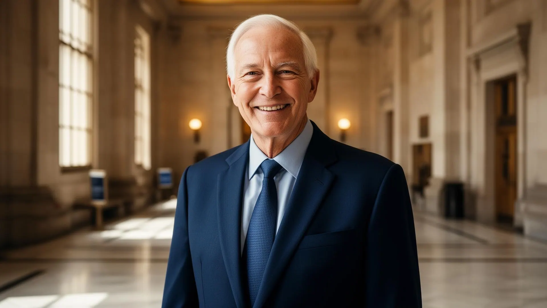 Senior trial attorney smiling warmly in the marble lobby of a courthouse