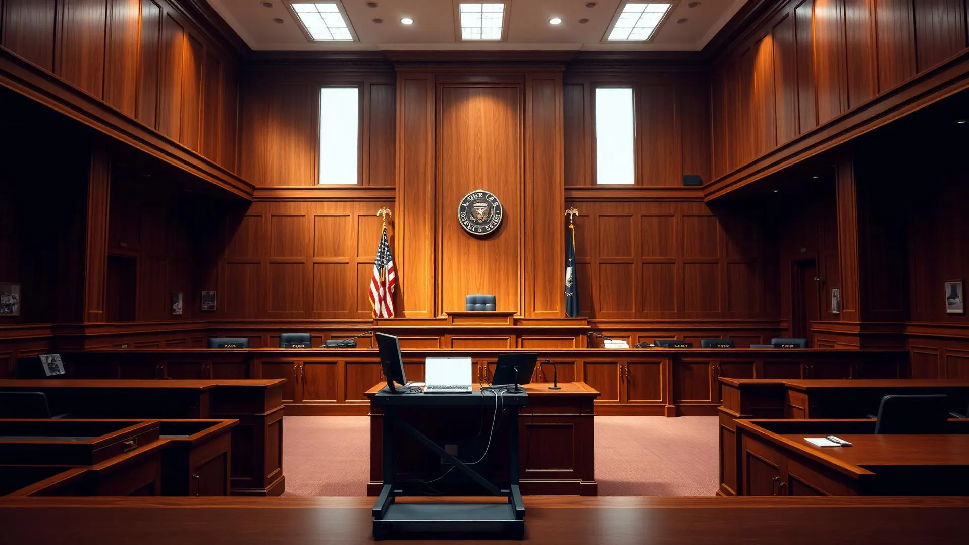 Wood-paneled American courtroom with a trial tech cart at counsel table