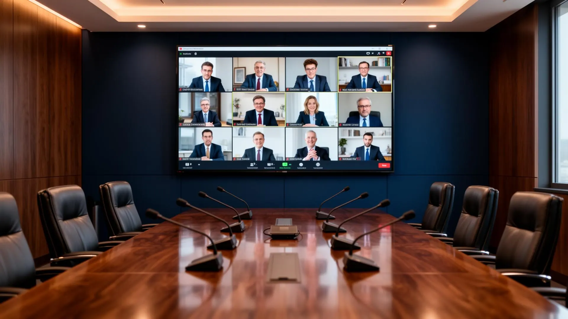 Modern legal video conference room with wall-mounted screen showing remote attorneys on a multi-participant call
